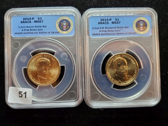 Two ANACS 2014-P Presidential Dollars in MS-67