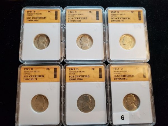 Group of six slabbed Silver Jefferson War Nickels