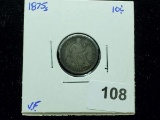 1875-S Seated Liberty Dime in Very Fine condition