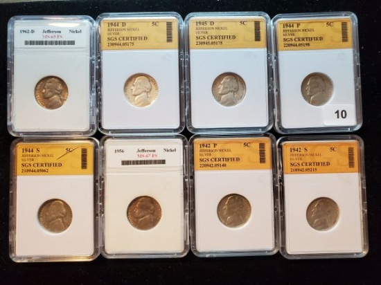 Eight SGS certified Jefferson Nickels