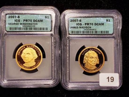 Two ICG graded 2007-S Proof 70 Deep Cameo Presidential Dollars