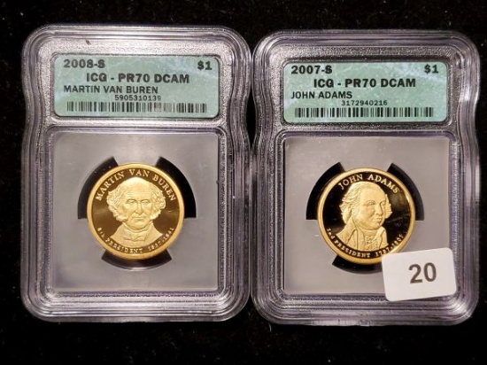 2008-S and 2007-S ICG graded Proof 70 Deep Cameo Presidential Dollars