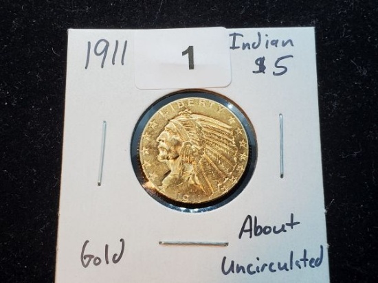 GOLD! 1911 Indian $5 Gold half-eagle in About Uncirculated