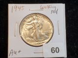 1945 Walking Liberty Half Dollar in About Uncirculated plus