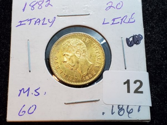 GOLD! Gorgeous 1882 Italy 20 Lire Choice Brilliant Uncirculated