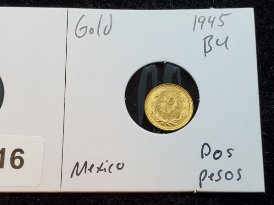 GOLD! Mexico 1945 dos pesos Brilliant Uncirculated