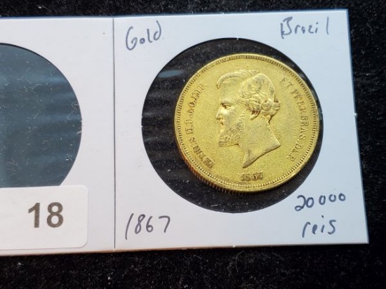 GOLD! BIG ONE! 1867 Brazil 20000 reis