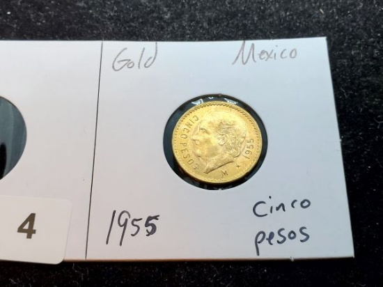 GOLD! Mexico 1955 cinco pesos Choice Brilliant Uncirculated