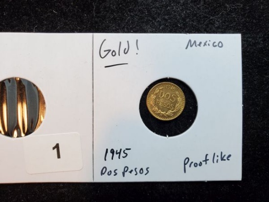 GOLD! 1945 Mexico dos Pesos Brilliant Uncirculated Prooflike