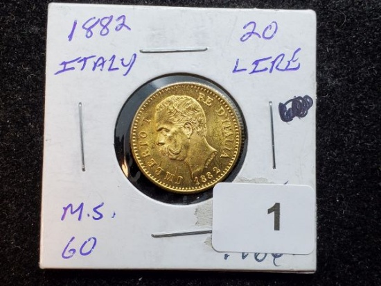 GOLD! Italy 1882 20 Lire Choice Brilliant Uncirculated