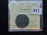 1859 Canadian large cent with a narrow 9 in Very Fine 30