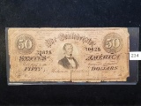 1864 50 dollar confederate note with Jefferson Davis on the front