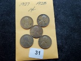 Five decently graded 1927 and 1928 Wheat cents