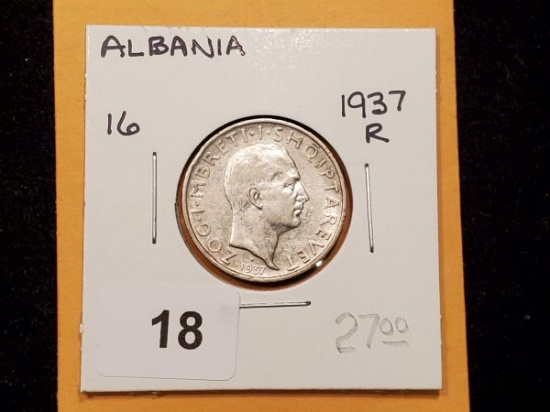 Albania silver 1937-R 1 frang in high grade