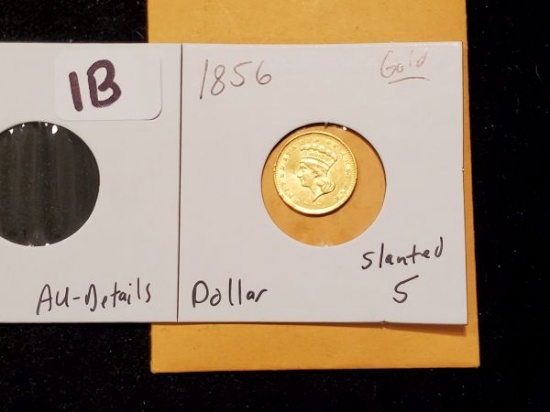 GOLD! One Dollar 1856 slanted 5 in About Uncirculated details