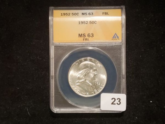 ANACS 1952 Franklin Half Dollar in Mint State 63 FULL BELL LINES