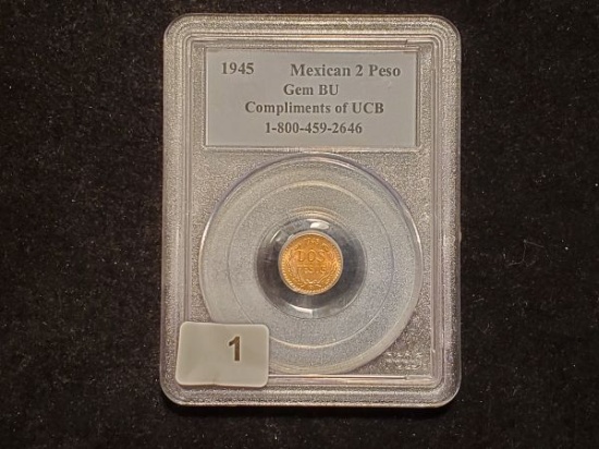 GOLD! PCGS 1945 Mexican 2 peso GEM Brilliant Uncirculated with Sample Slab