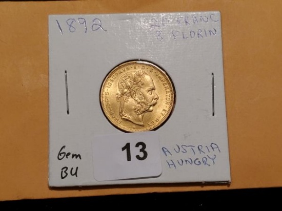 GOLD! Gem Brilliant Uncirculated Austria 1892 8 florin-20 franc