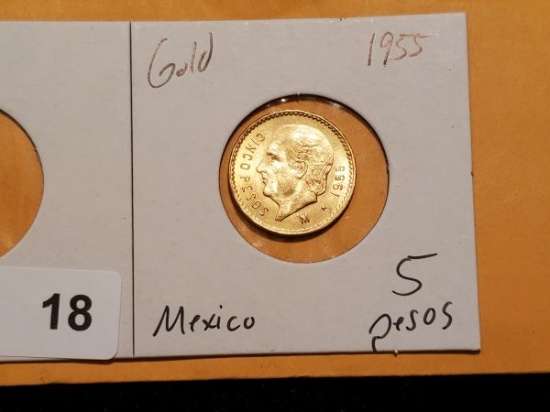 GOLD! GEM BU Mexico 1955 five pesos