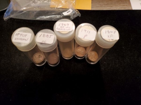 Five partial Wheat and Indian cent rolls