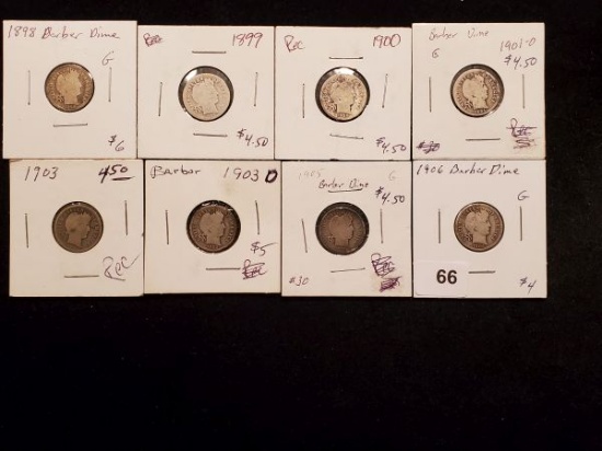 Group of 8 Barber Dimes