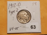 KEY DATE 1913-D Buffalo Nickel Type 2 in Very Fine 25