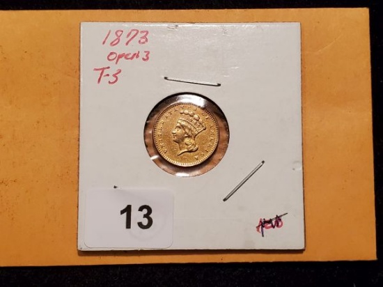 GOLD! 1873 Open Three Type 3 One Dollar