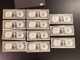 Eleven crisp and consecutive series of 1957 on dollar silver certificates