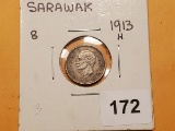 **SCARCE 1913 Sarawak 5 Cents in VF+/XF condition
