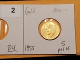GOLD! Mexico 1955 Brilliant Uncirculated 5 pesos