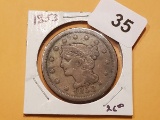 1853 Braided Hair Large Cent in Fine condition
