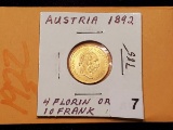 GOLD! Austria 1892 Brilliant Uncirculated 4 florin 10 frank