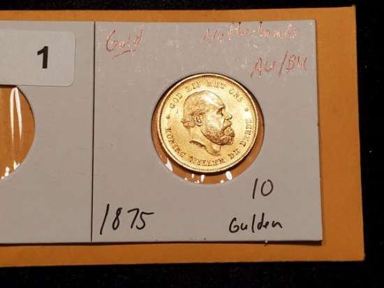 GOLD! Netherlands 1875 gold 10 gulden in AU-BU