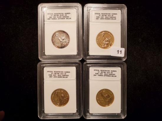 Four slabbed gold and silver plated Presidential dollars