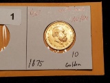 GOLD! Netherlands 1875 gold 10 gulden in AU-BU