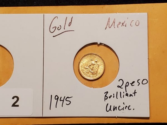 GOLD! Mexico 1945 Dos Pesos in Brilliant Uncirculated