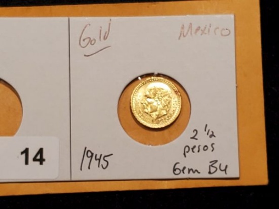 GOLD! Mexico 1945 2 1/2 Pesos in Gem Brilliant Uncirculated