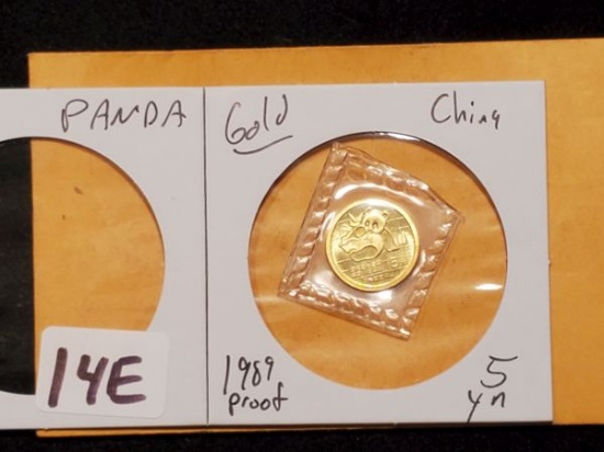 GOLD! China 1989 Proof 5 yn Panda