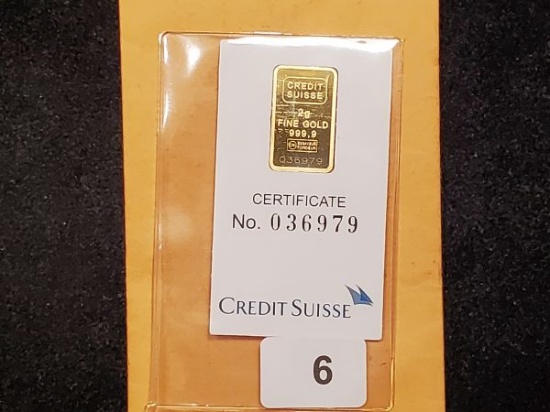 GOLD! Credit Suisse 2 grams of Fine .9999 gold bar