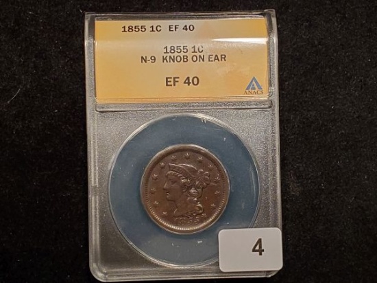 ANACS 1855 Braided Hair Large Cent N-9 Knob on Ear in XF