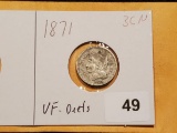1871 Three Cent Nickel in Very Fine - details