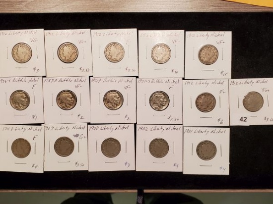 Sixteen Liberty "V" and Buffalo Nickels