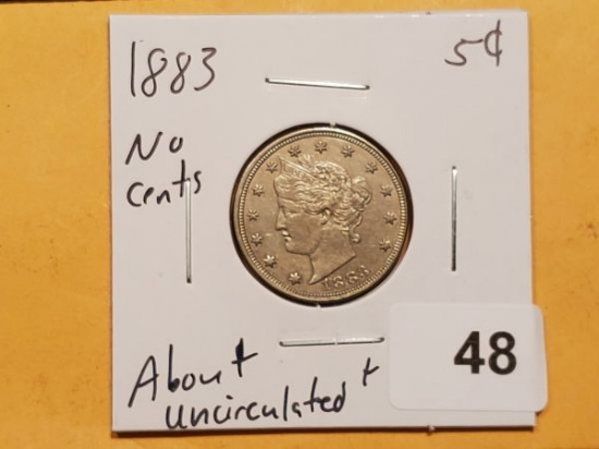 1883 Liberty "V" Nickel in About Uncirculated Plus!