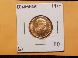 GOLD! Nice Brilliant Uncirculated Denmark 1914 20 kronor