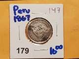 Peru 1/5 sol silver coin dated 1867