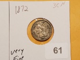 1872 Three cent Nickel in Very Fine