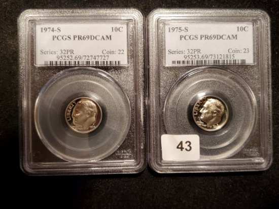 PCGS 1974-S and 1975-S Proof 69 Deep Cameo Roosevelt Dimes
