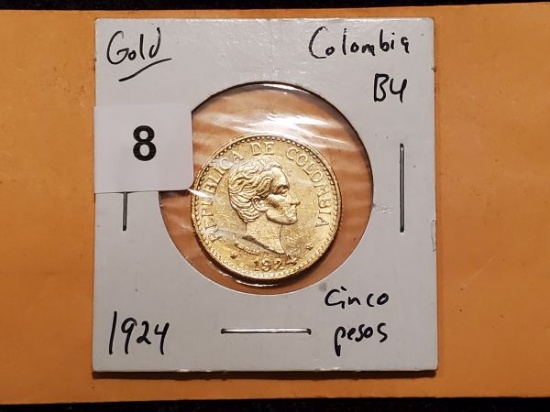 GOLD! 1924 gold Colombia cinco pesos in Brilliant Uncirculated