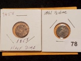 1858 and 1861 Seated Liberty Half Dimes