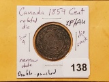 KEY Canadian Variety 1859 Narrow 9 Double Punched Cent